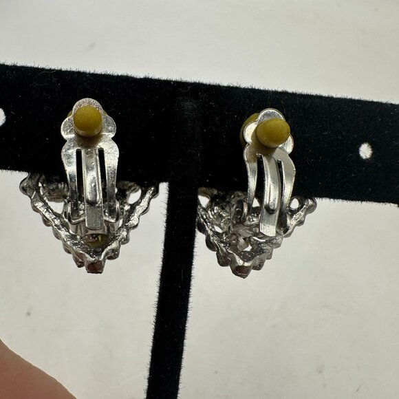 Vintage Rhinestone Clip-On Earrings Silver Tone Geometric Design - Picture 2 of 4